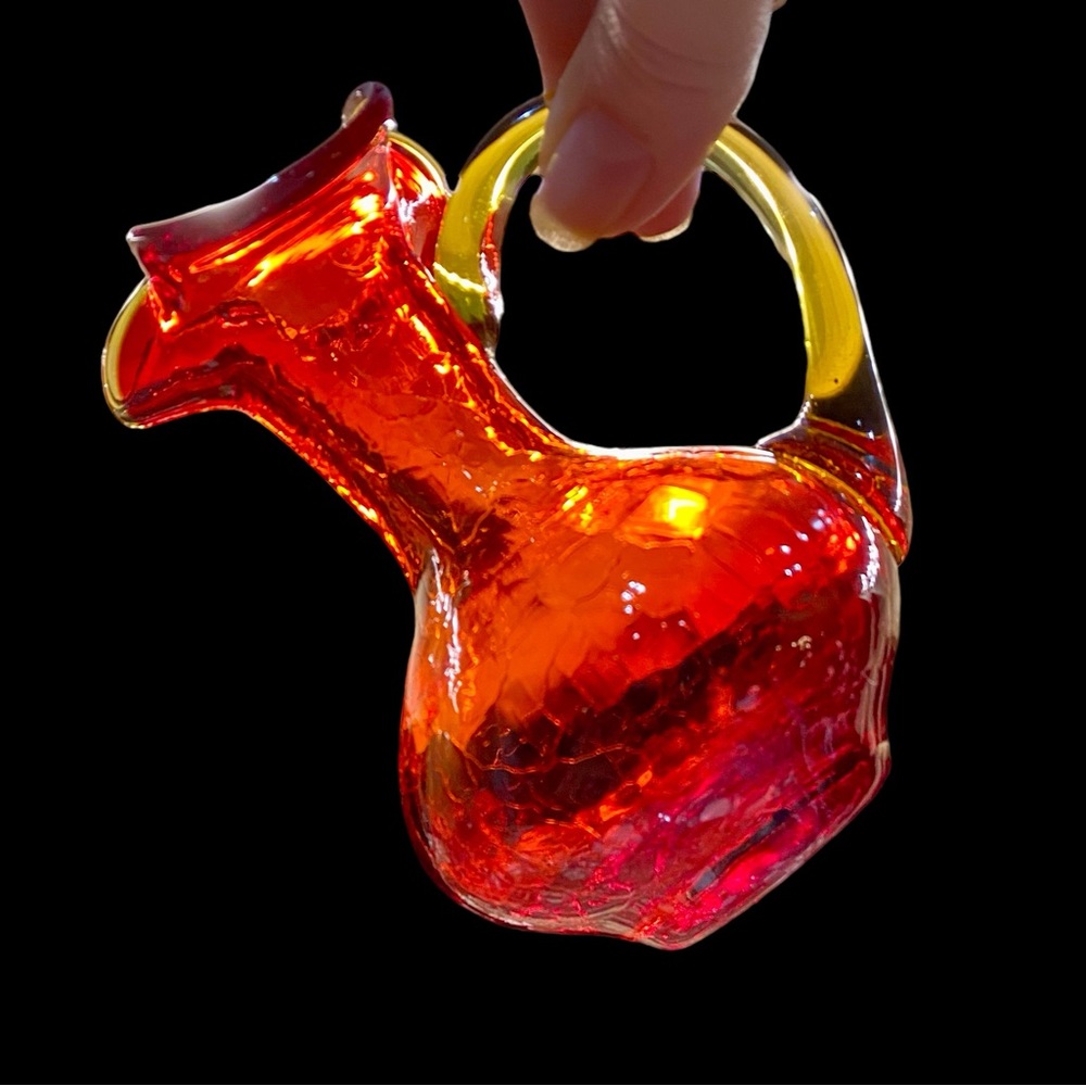 Vtg Blenko Amberina Crackle Glass Mini Pitcher UV Reactive Cadmium Glow MCM 4.5"